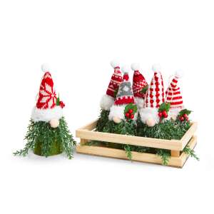 Set of 6 Scandinavian Christmas gnomes, 18 cm tall, in a wooden crate, red and white knitted hats, green beard, perfect for Christmas decor - Nonbrand Christmas Decoration