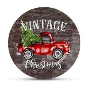 Vintage Christmas red truck with a Christmas tree on a wooden background metal serving tray - Tray