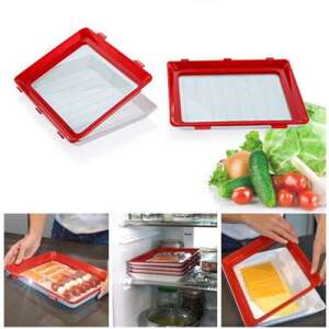 Clever Tray food storage tray, red and white, with food examples, in a collage - Serving