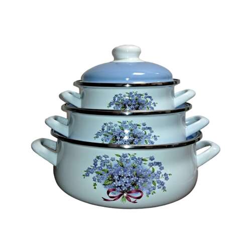 Bonyhádi EMA-LION nefelejcs árnyalt zománcozott lábas szett, 10 darabos, kék, nagy