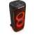 Angled view of JBL PartyBox Ultimate black party speaker with orange light