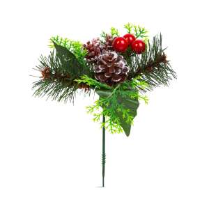 Christmas decoration with pine cone, red berries and green leaves, 8 x 20 cm - Decorative pick