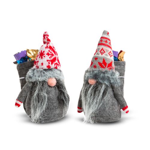 Két karácsonyi skandináv manó ajándékokkal, egyik szürke és piros sapkával, másik fehér és piros sapkával