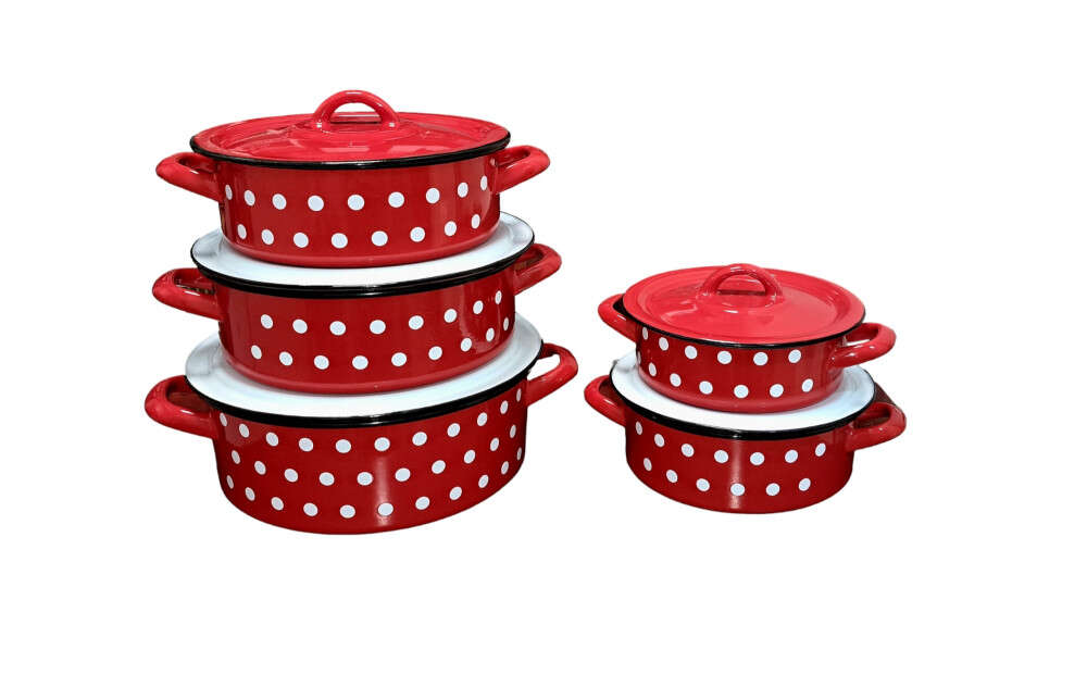 Bonyhádi Zománcozott Lábas Szett - 10 darabos - Piros Pöttyös