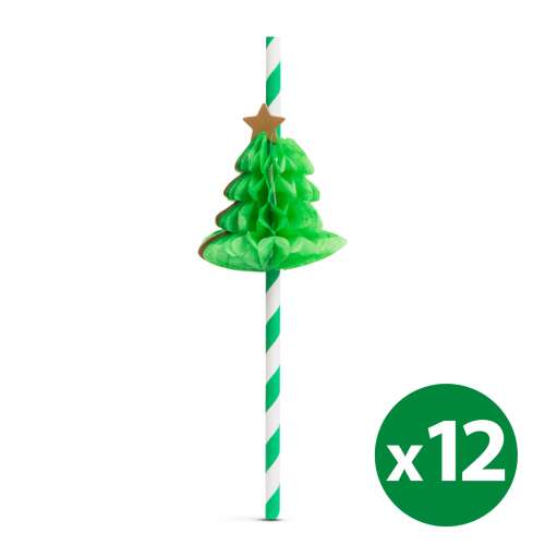 Zöld és fehér csíkos papír szívószál zöld 3D karácsonyfa díszítéssel