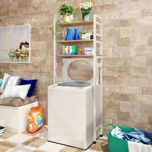 Elite Home® 3-poschodová kovová kúpeľňová polica s drevenými policami nad práčkou s horným plnením, biela - 182 cm 80054816 Kúpeľňový nábytok
