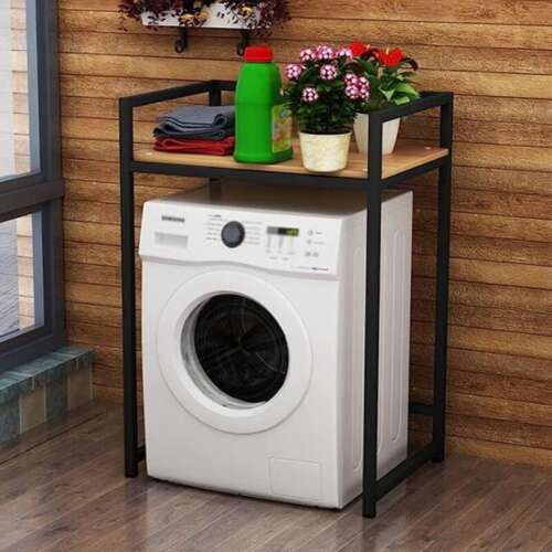 Elite Home® pevná kovová kúpeľňová polička s drevenou policou nad práčku, čierna - 110 cm