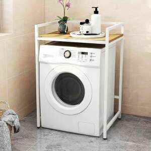 Elite Home® pevná kovová kúpeľňová polička s drevenou policou nad práčkou, biela - 110 cm 80051303 Kúpeľňový nábytok