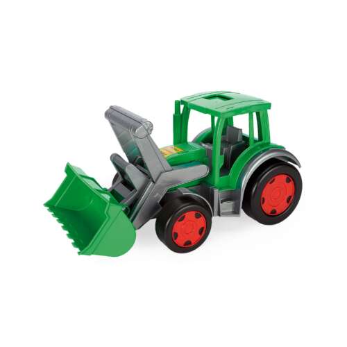 Tractor verde din plastic cu încărcător frontal, perfect pentru copiii care se joacă în nisip sau în grădină.
