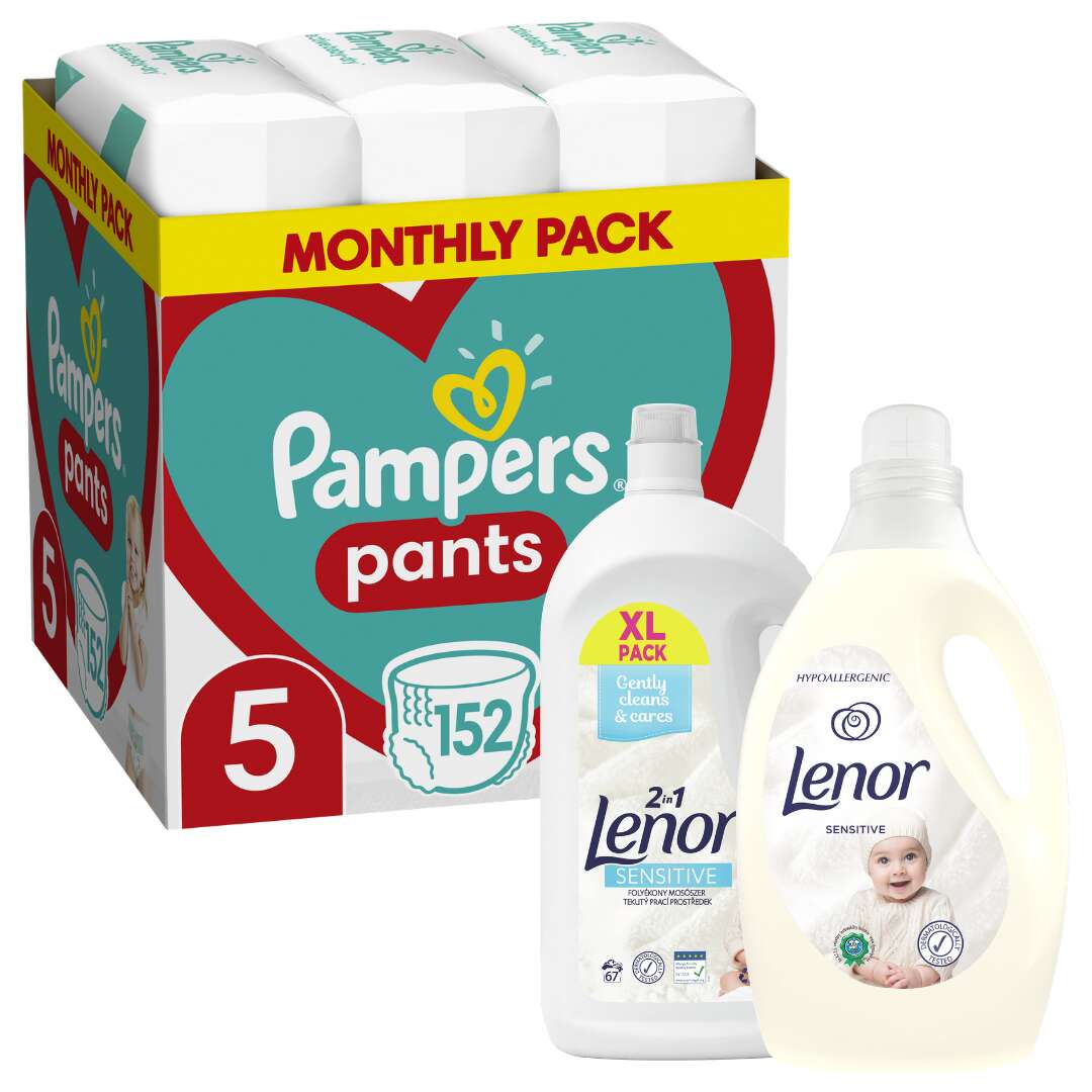 Pampers Pants havi Pelenkacsomag 12-17kg Junior 5 (152db) + Lenor Sensitive Öblítő 2,9l és Lenor Sensitive Folyékony Mosószer 3,685l 67 mosáshoz