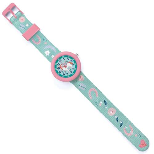Djeco Horse Watch, pink watch with green strap, unicorn design, for kids