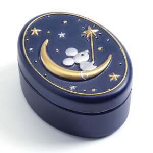 Djeco Oh My Teeth Tooth Fairy Box, blue with a mouse on a crescent moon and stars, oval shaped - Baby Tooth Collector