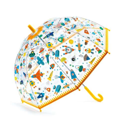 Djeco Space Umbrella for Kids, clear umbrella with colorful space themed design, perfect for rainy days