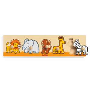 Djeco Savanna Shape Sorting Puzzle, wooden puzzle with lion, elephant, monkey, giraffe, and zebra - Shape Sorting Toy