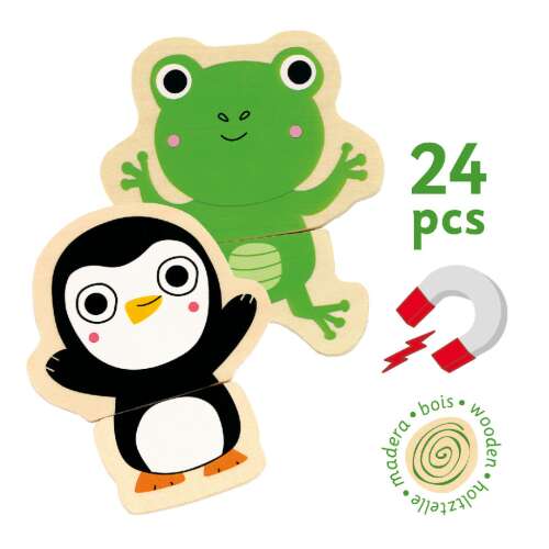 Djeco Magnetic's Coucou drewniana magnetyczna układanka z 24 elementami, z postaciami zwierząt, takich jak żaba, pingwin i lew