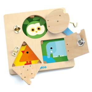 Djeco Lock Basic Wooden Activity Board with Owl, Chicken, and Elephant Designs - Logic Game