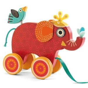 Djeco Indy der geduldige Elefant Ziehspielzeug, roter Holzelefant mit Rädern und einem Vogel oben drauf - Babys & Toddler