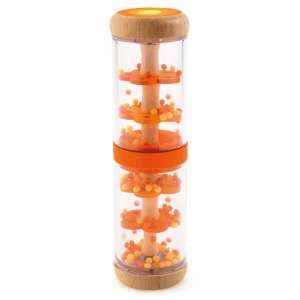 Orange rain shaker baby rattle by Djeco, a wooden and plastic toy with beads that make a sound when shaken - Rattle