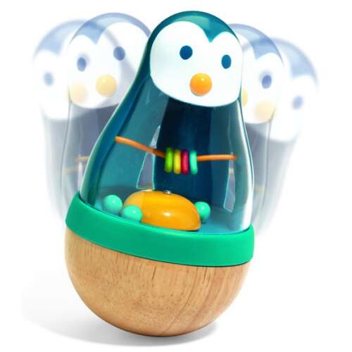 Djeco Roly Pingui Get Up Penguin baby rattle, wooden penguin rattle with beads and bell, developmental toy for babies