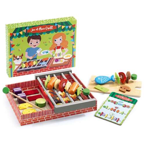 Set de joacă din lemn Joe et Max Grill de la Djeco, cu grătar, frigarui, mâncare și meniu