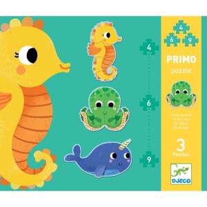 Djeco Primo Puzzle - In the Sea, 3 puzzles, seahorse, octopus, narwhal - Baby Puzzle