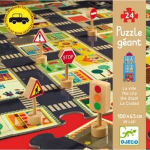 Djeco Puzzle uriaș - Orașul, puzzle cu 24 de piese cu semne de circulație din lemn - Djeco Puzzle