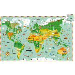 Puzzle de observare Djeco Around the World, o hartă a lumii colorată și detaliată pentru copii - Puzzle 3D & Puzzle cu burete