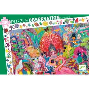 Puzzle de observație Djeco Rio Carnival, 200 de piese, ilustrație colorată a unei scene din Carnavalul de la Rio cu păsări, flori și oameni - Puzzle