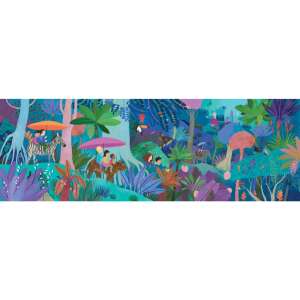 Djeco Children's Walk 200 Piece Puzzle, a colorful illustration of children riding animals in a jungle setting - Djeco Puzzle