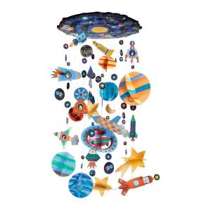Djeco Do It Yourself Solar System Mobile to Paint, a finished mobile of the solar system with planets, stars, rockets, and a UFO - Djeco Creative Toy