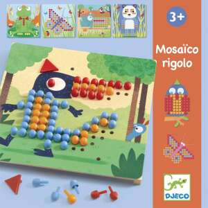 Djeco Mosaico Rigolo Wild Animals Peg Mosaic Board Game, featuring a toucan, owl, butterfly, panda, giraffe, and frog - Djeco Creative Toy