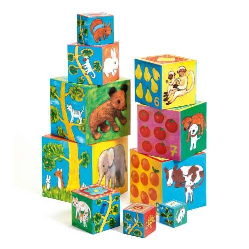 Djeco 10 My Friends Blocks stacking tower, colorful wooden blocks with animal and number designs, great for learning and building