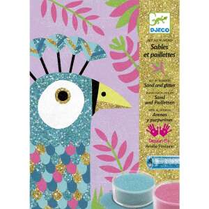 Djeco Sand and Glitter Art Kit - Dazzling Birds, a colorful peacock design with glitter and sand for kids to create their own artwork - Djeco Creative Toy