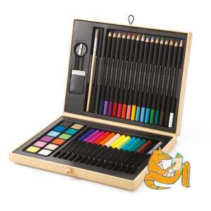 Djeco Color Box Kunstset mit Buntstiften, Wachsmalstiften, Aquarellfarben, Pinsel, Bleistiftspitzer, Radiergummi und einer personalisierbaren Box - Schreibwaren-Sets