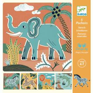 Djeco Wild Animals Drawing Templates, 5 stencils for kids ages 4-7, featuring an elephant, zebra, antelope, lion, and crocodile - Stencil