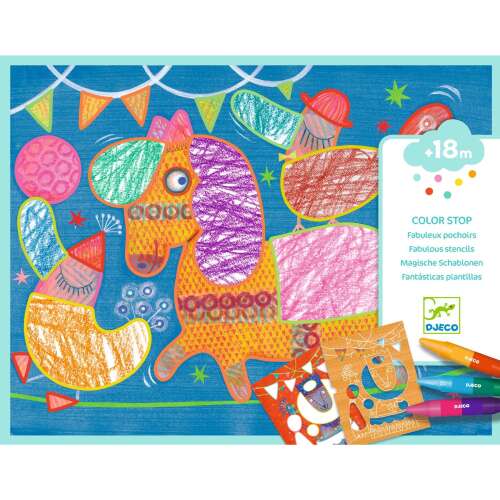 Djeco Color Stop stencil coloring set with tightrope walker, balls, and birds