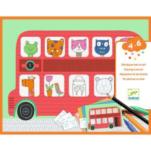 Djeco Tracing is an art drawing template with a red double-decker bus and various animals to trace - Stencil