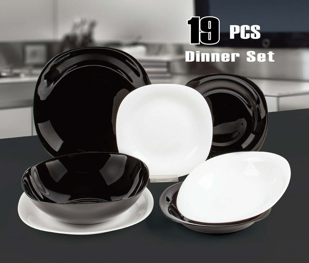 Opál Üveg Étkészlet - 19 részes - Fekete-Fehér Szögletes