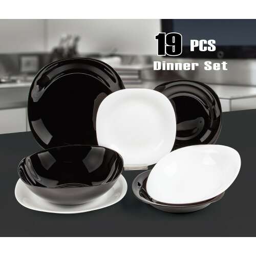 19 részes fekete-fehér szögletes étkészlet, modern és stílusos, tökéletes mindennapi használatra és különleges alkalmakra
