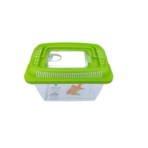 Átlátszó műanyag kisállat-szállító doboz zöld tetővel és kémlelőnyílással, 18x12x13cm, hörcsögök, tengerimalacok és kis madarak számára