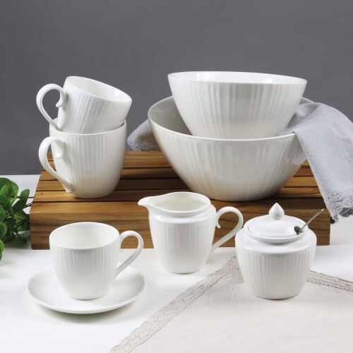 Ambition Perla New Bone China étkészlet, tálakkal, bögrékkel, tejszínes kiöntővel és cukortartóval. - Kávés és teás készlet