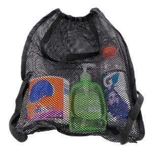 Schwarze Netz-Stroller-Organizer-Tasche gefüllt mit Baby-Essentials, die das Netzmaterial und die Riemen zeigt - Glas- und Trinkflaschenhalter