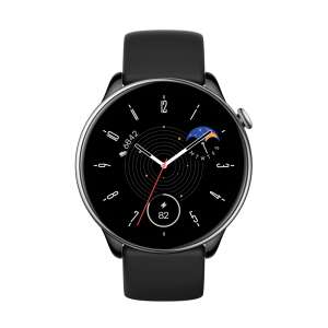 Amazfit GTR Mini smartwatch, черна силиконова каишка, черен циферблат, показващ часа и нивото на батерията, преден изглед - Смарт устройство
