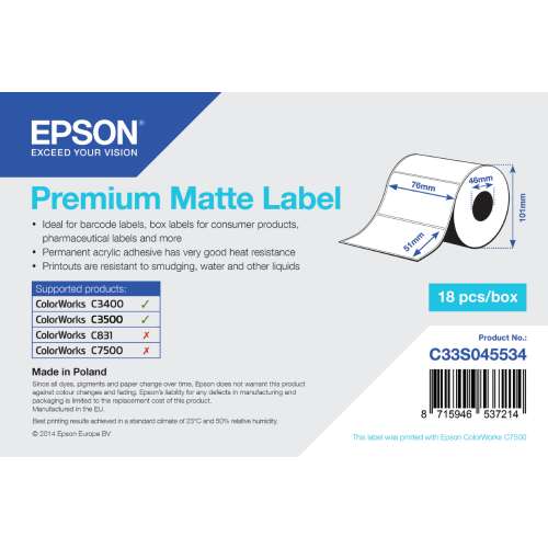 Epson Premium Matte Label, 76mm x 46mm, 18 labels per box, white, for inkjet printers