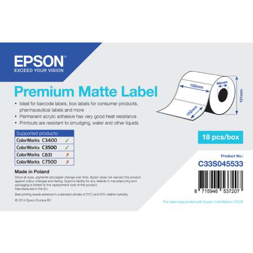 Epson Premium Matte Label, 18 štítkov v balení, 102mm x 152mm, ideálne pre štítky s čiarovým kódom, krabice, farmaceutické štítky