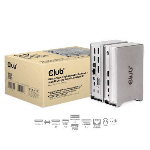 CLUB3D CSV-1568 USB Gen2 Type-C Hármas Kijelzős DP™ 1.4 Alt Mód + Intelligens PD Töltési Dokkoló Állomás 120 Wattos Tápegységgel, USB-C dokkoló állomás hármas kijelző támogatással, 120W tápegység, HDMI, DisplayPort, VGA, USB, Ethernet, hang