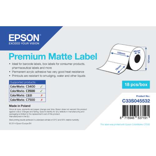 Epson Premium Matte Label, 18 labels per box, white, matte finish, ideal for barcode labels, box labels, consumer products, pharmaceutical labels, and more