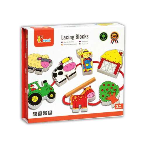 Viga Blocuri de înșirare Animale de la fermă, Jucărie de înșirare pentru copii, Jucărie de înșirare cu tematică de fermă, Jucărie preșcolară, Jucărie pentru dezvoltarea abilităților motorii fine