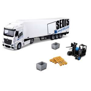 Bburago 1/43 scale Mercedes-Benz Actros truck and forklift toy set, includes pallets and crates - Bburago