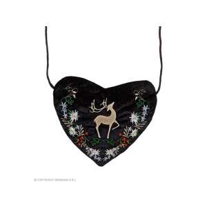 Fekete, hímzett bajor táska szív alakban, szarvas mintával - Widmann
